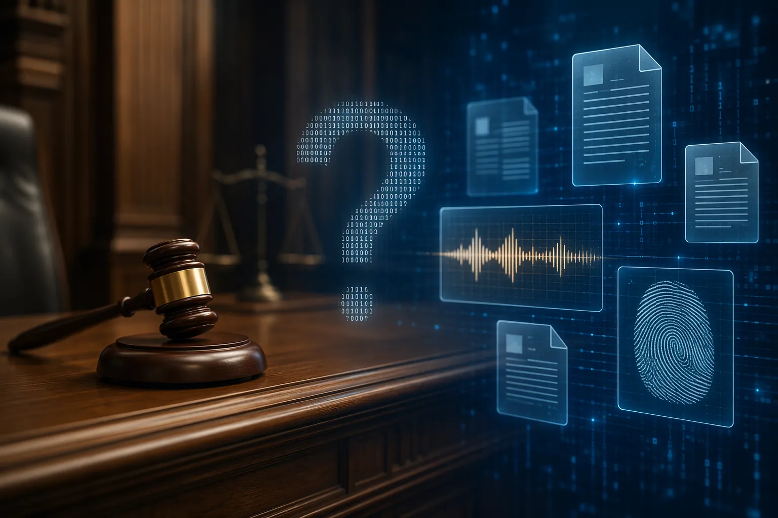 Courtroom bench with floating digital evidence icons, waveform, fingerprint, and binary question mark