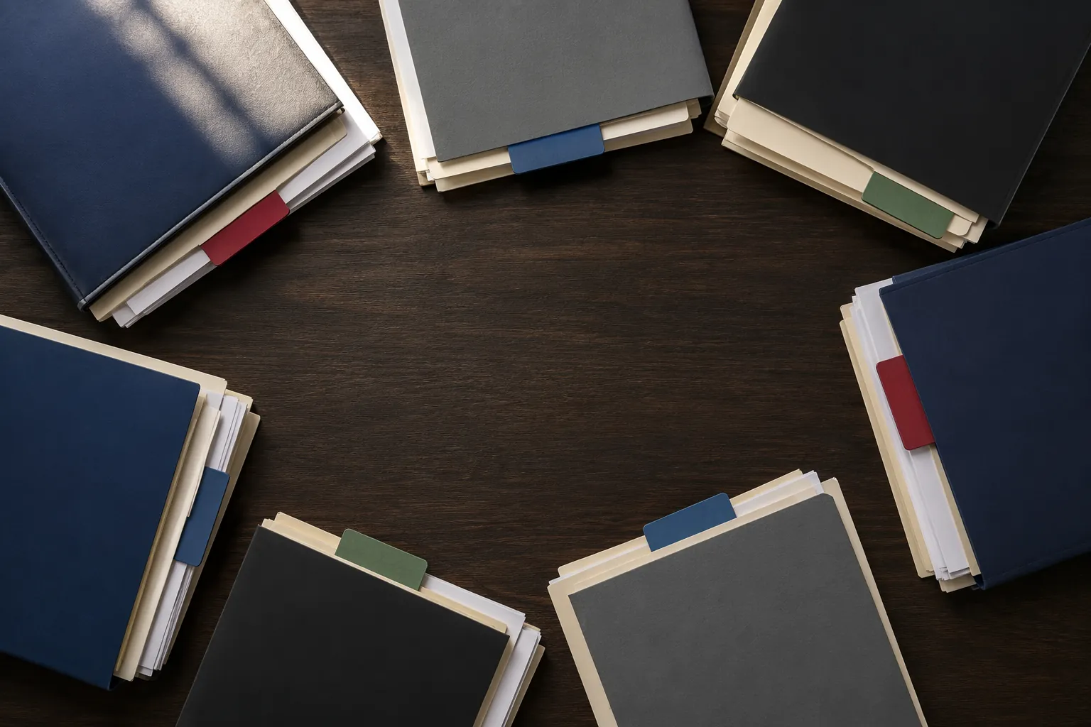 Multiple legal file folders with colored tabs arranged around a central point on a dark desk