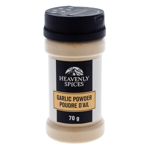 Heavenly Spices garlic powder container on a white background