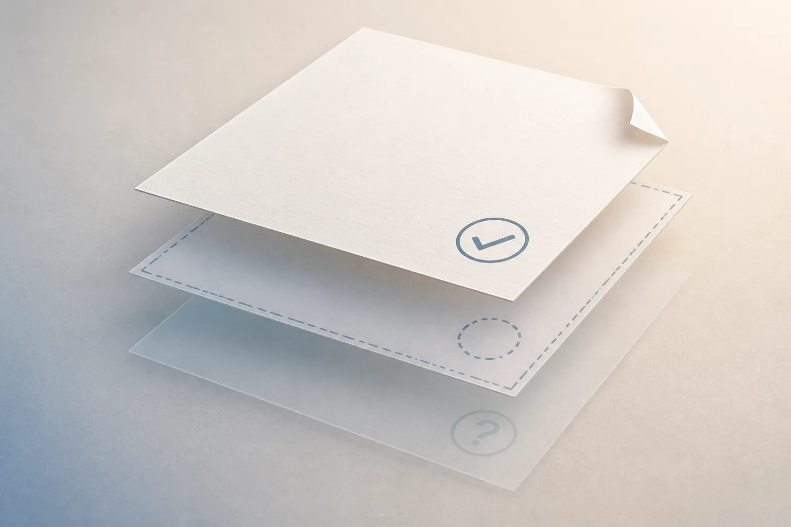 Three translucent documents showing checked, uncertain, and unresolved layers of a verification review
