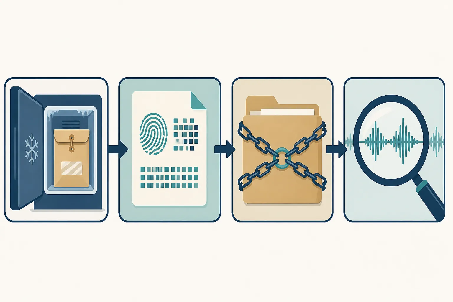 Four-step evidence workflow showing freezing, hashing, chain of custody, and waveform inspection