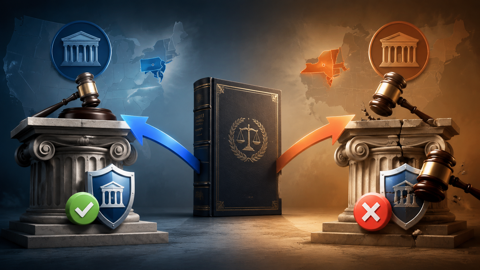 Commodity Exchange Act book with diverging arrows to Third Circuit preemption and SDNY state enforcement outcomes