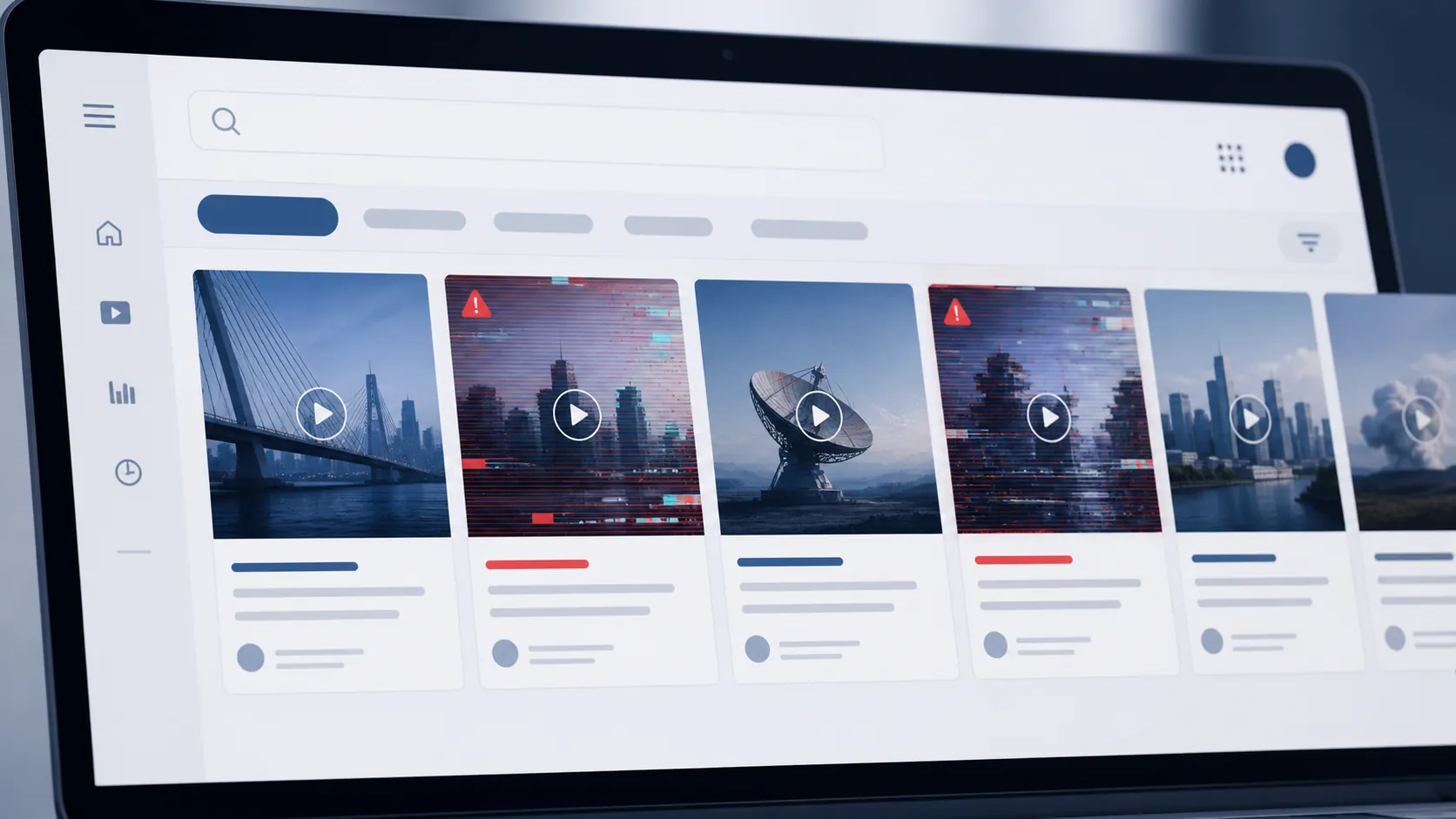 Search results page with some clean news cards and some glitch-distorted synthetic-looking video thumbnails