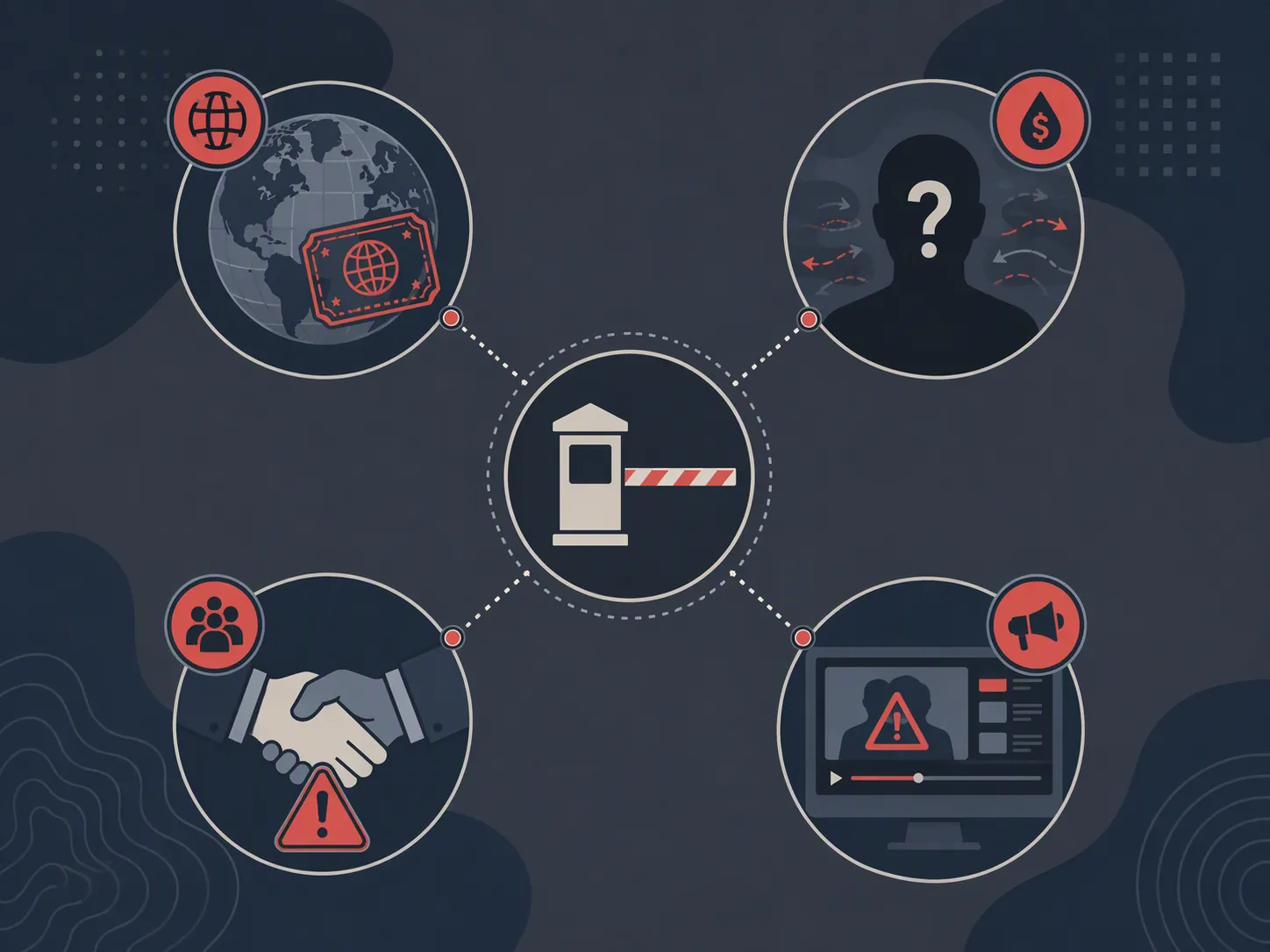 Risk map showing foreign-national, masked-money, coordination, and political-ad warning nodes around a central checkpoint