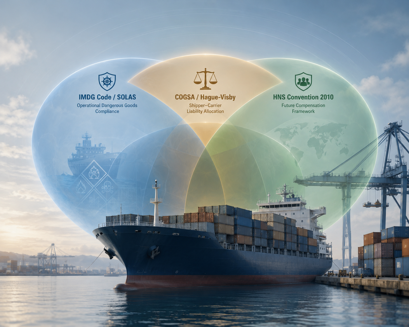 Three overlapping legal framework layers above a container ship at a modern port