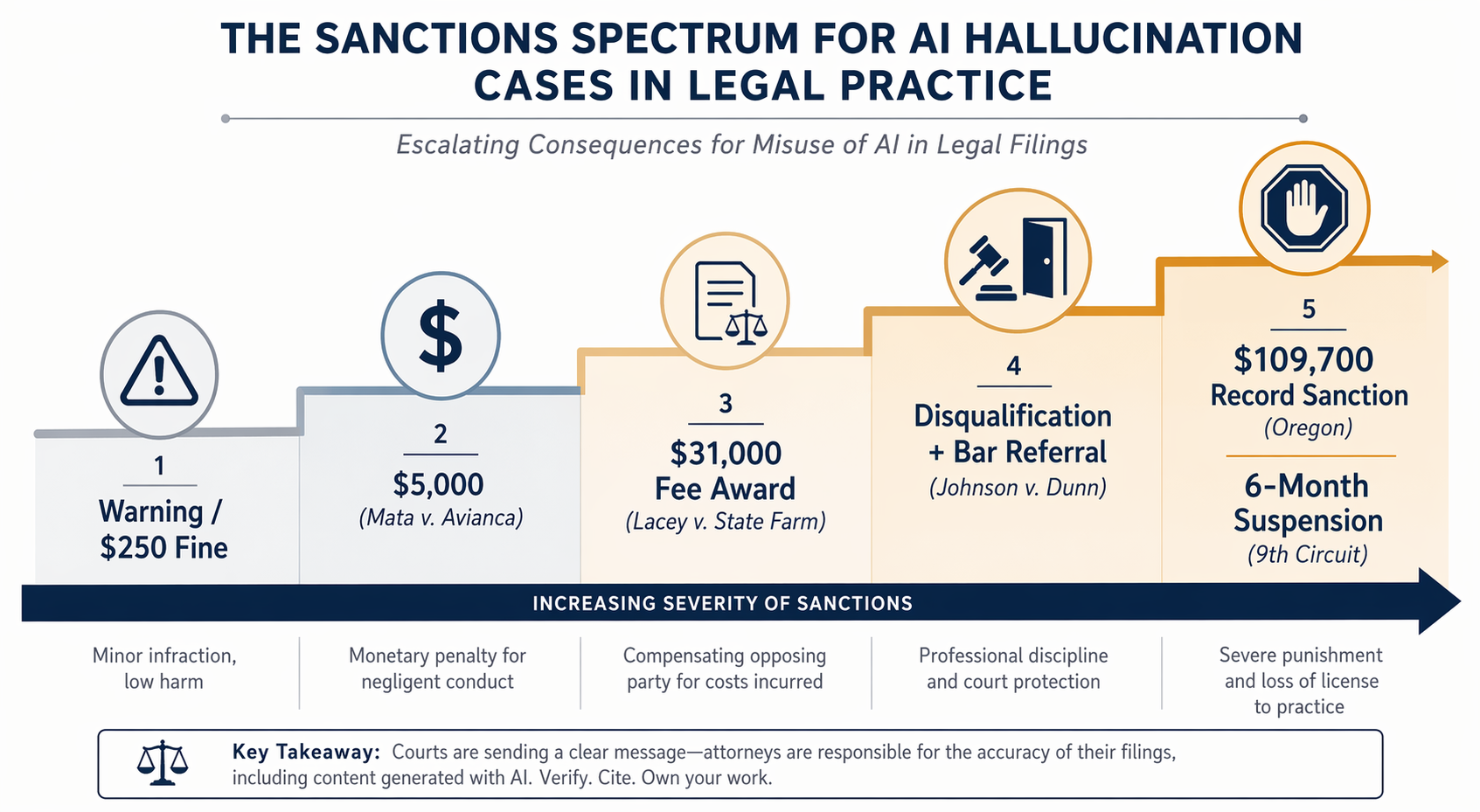 An escalating sanctions spectrum from left to right: warning icon with '$250 Fine', '$5,000 (Mata v. Avianca)' with dollar sign, '$31,000 Fee Award (Lacey v. State Farm)' with legal fee icon, 'Disqualification + Bar Referral (Johnson v. Dunn)' with gavel and closing door, '$109,700 Record Sanction (Oregon)' and '6-Month Suspension (9th Circuit)' with halt icon.