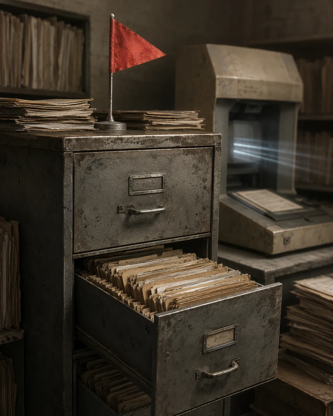 Dust-covered filing cabinet of legacy automated benefits claims files with a red warning flag