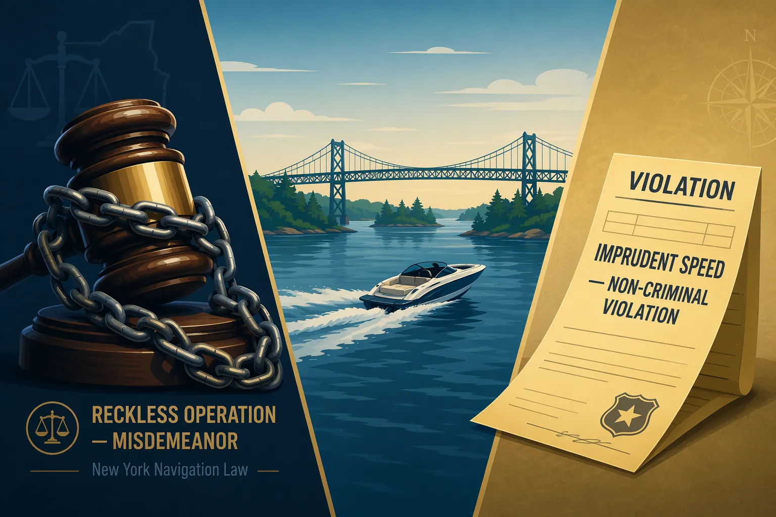 Editorial illustration contrasting reckless operation as a misdemeanor with imprudent speed as a non-criminal violation on a stylized river scene