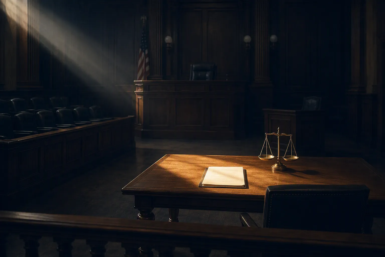A shadowed courtroom with light falling on a legal document and brass scales at the defense table