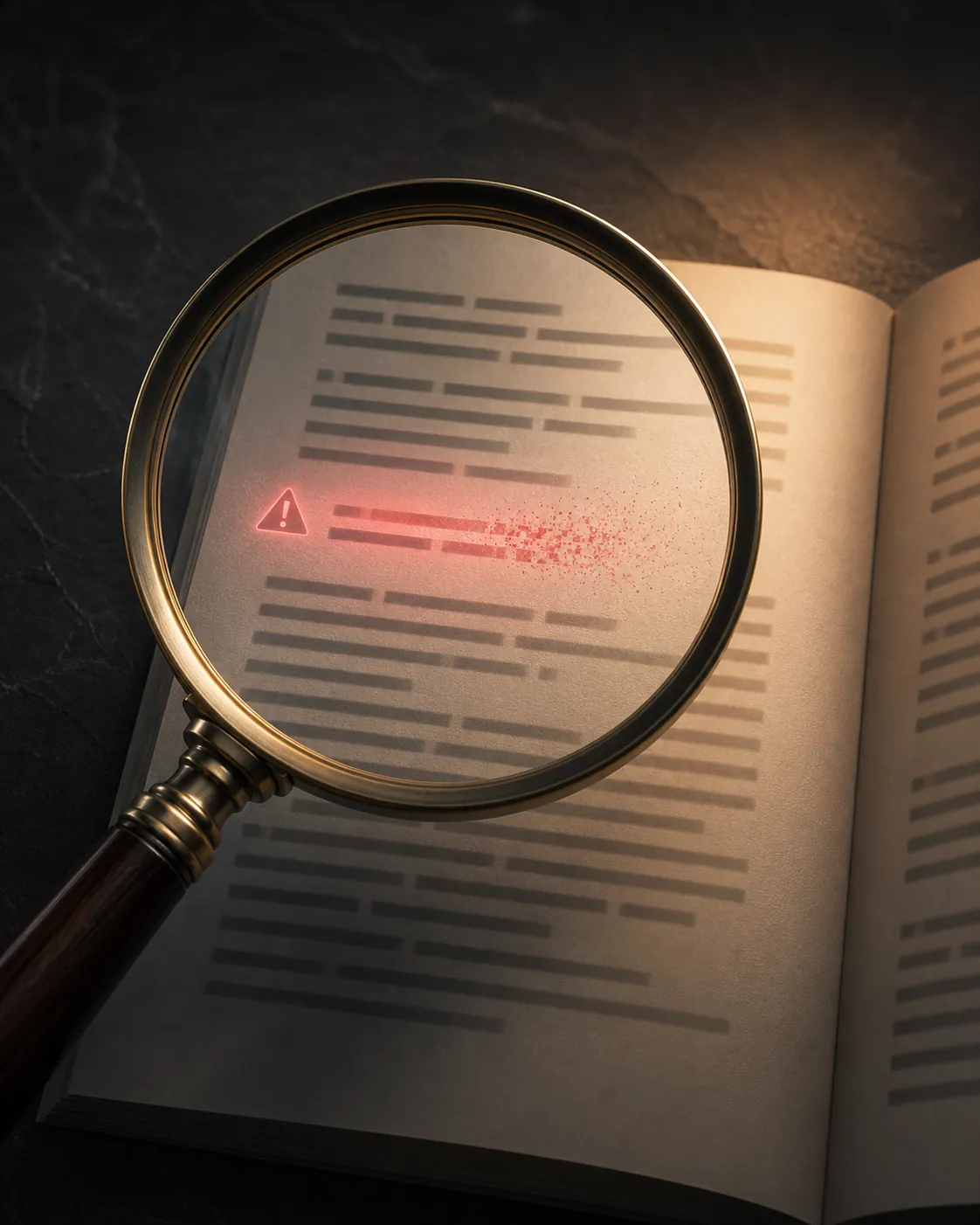 Magnifying glass over a legal document with a ghosted citation line glowing red to symbolize a fabricated citation caught during verification