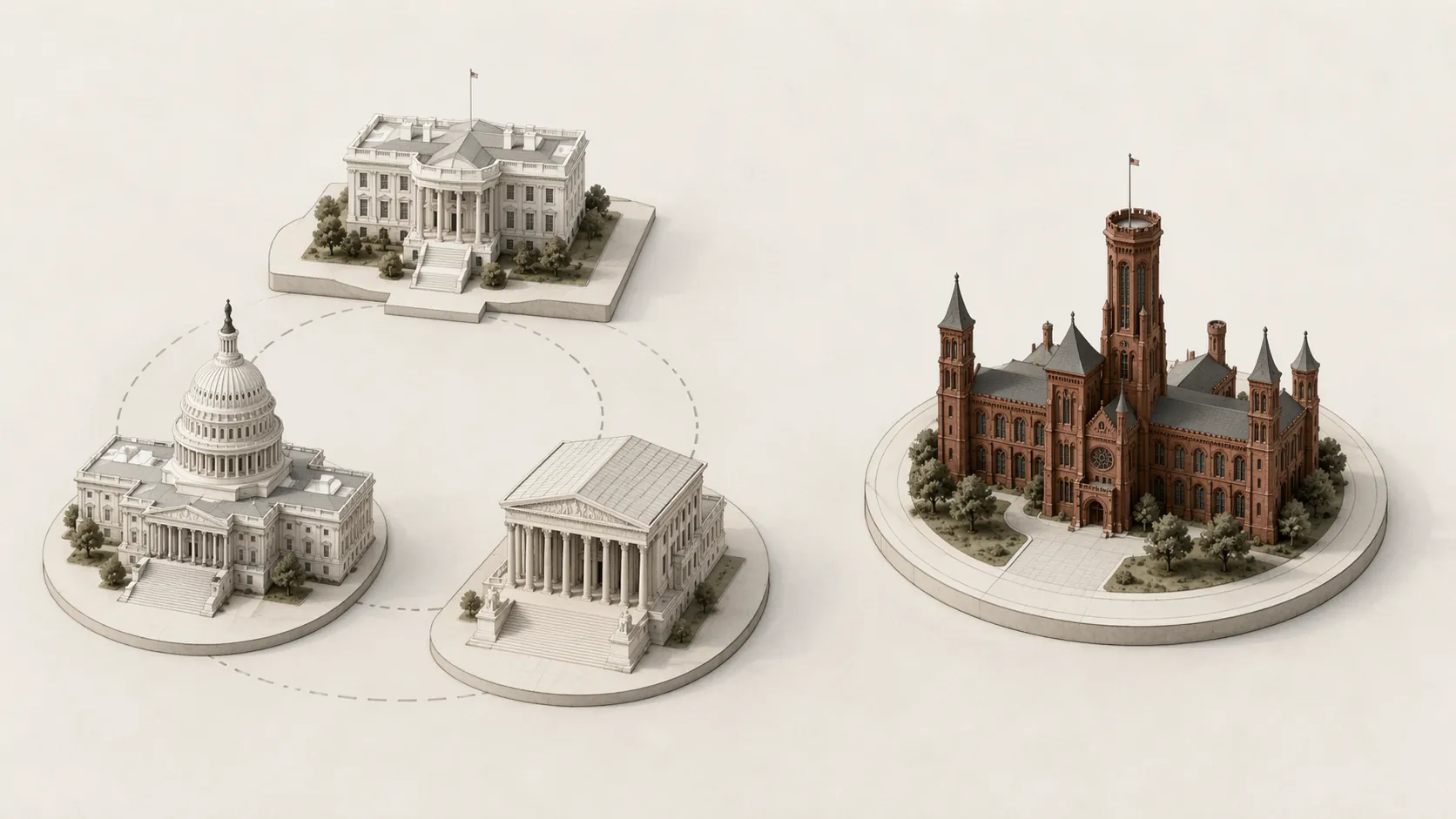 Isometric diagram showing the Smithsonian Castle separated from White House, Capitol, and courthouse silhouettes
