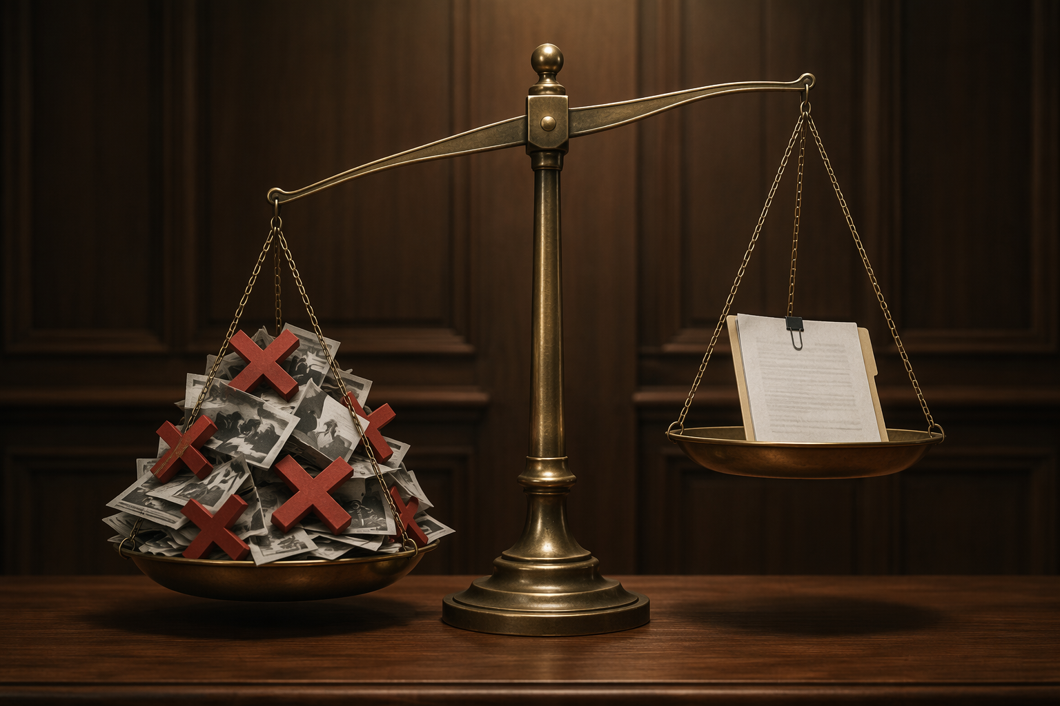 Justice scales weighed down by cancel marks and newspaper clippings opposite an evidentiary document