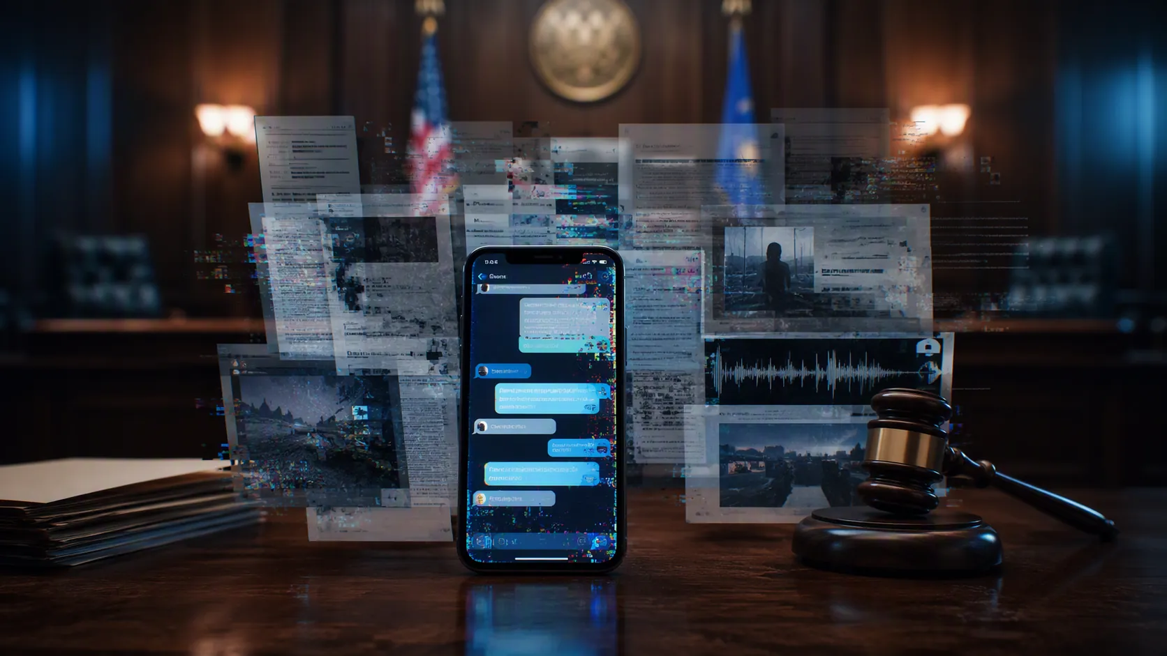 Courtroom desk with a smartphone showing a fabricated text message conversation and distorted digital evidence documents