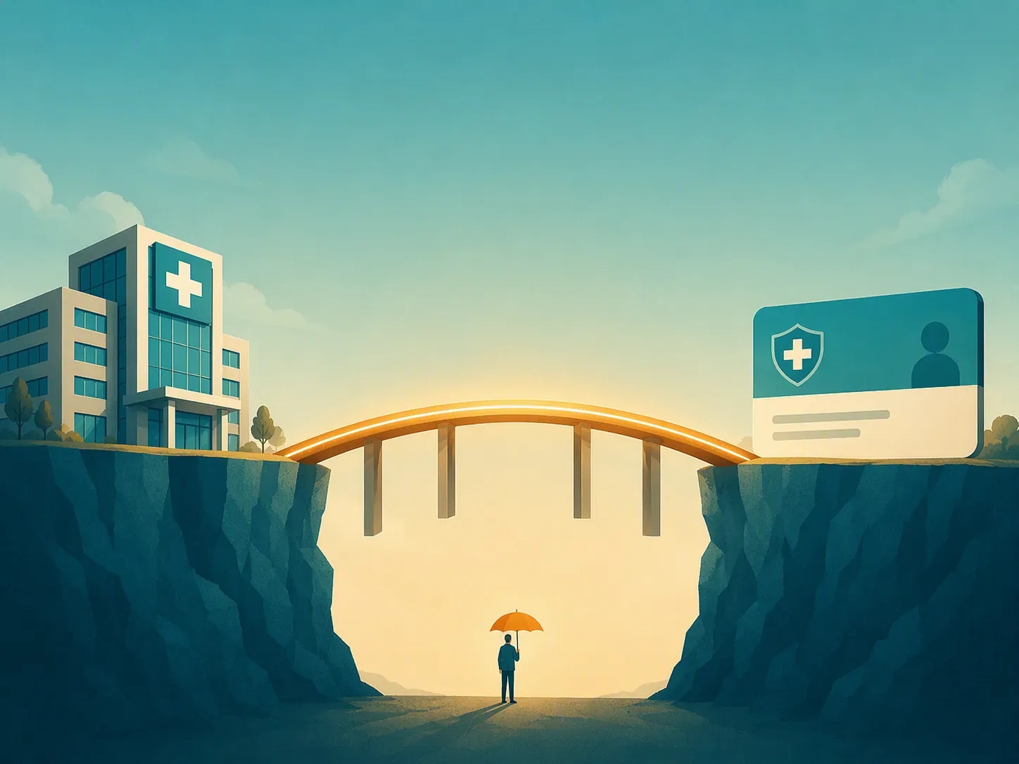Glowing bridge between a hospital and a floating health insurance card