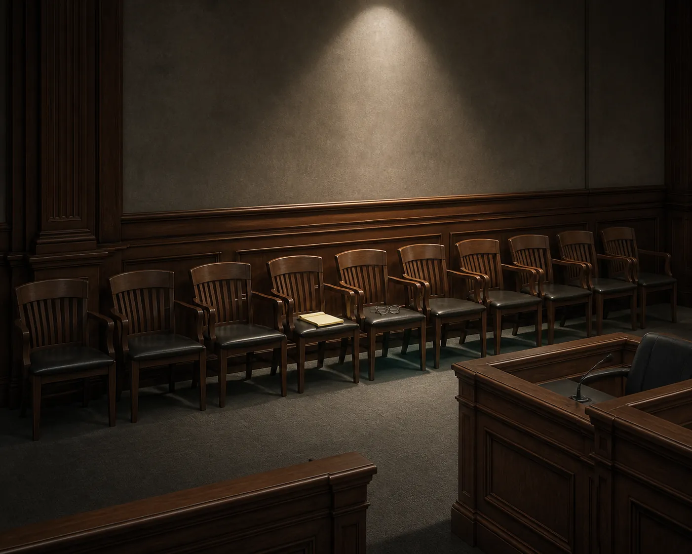 A row of ten empty courtroom witness chairs, with legal notes on only two chairs
