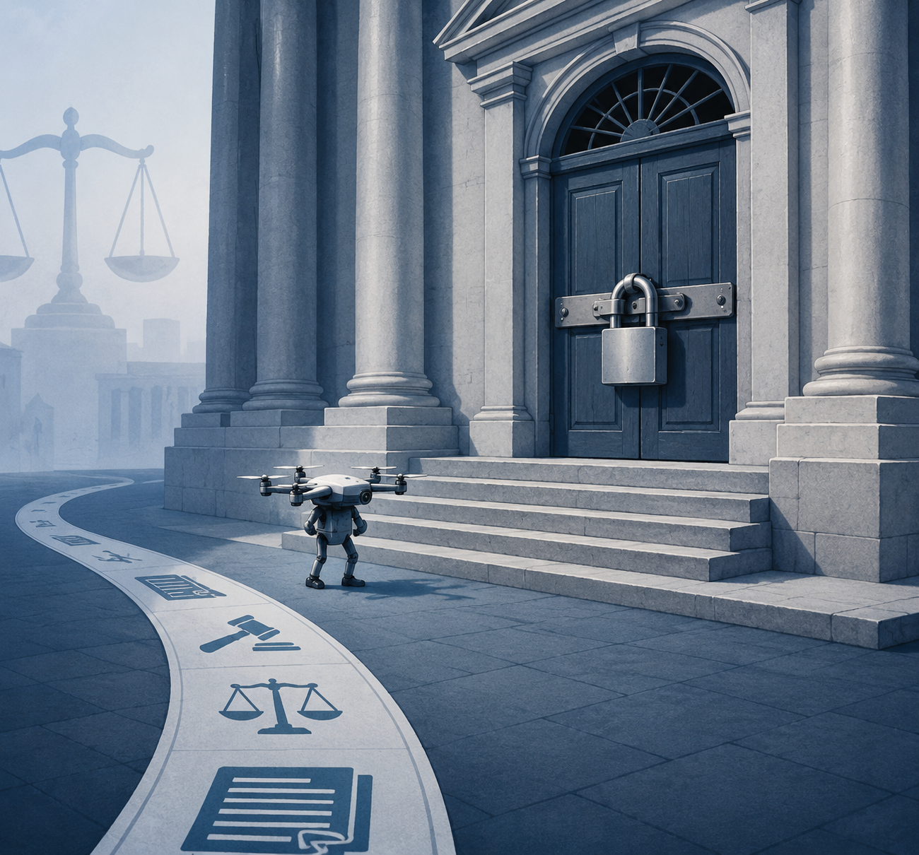 Drone facing a locked courthouse door with legal documents along a path away from it