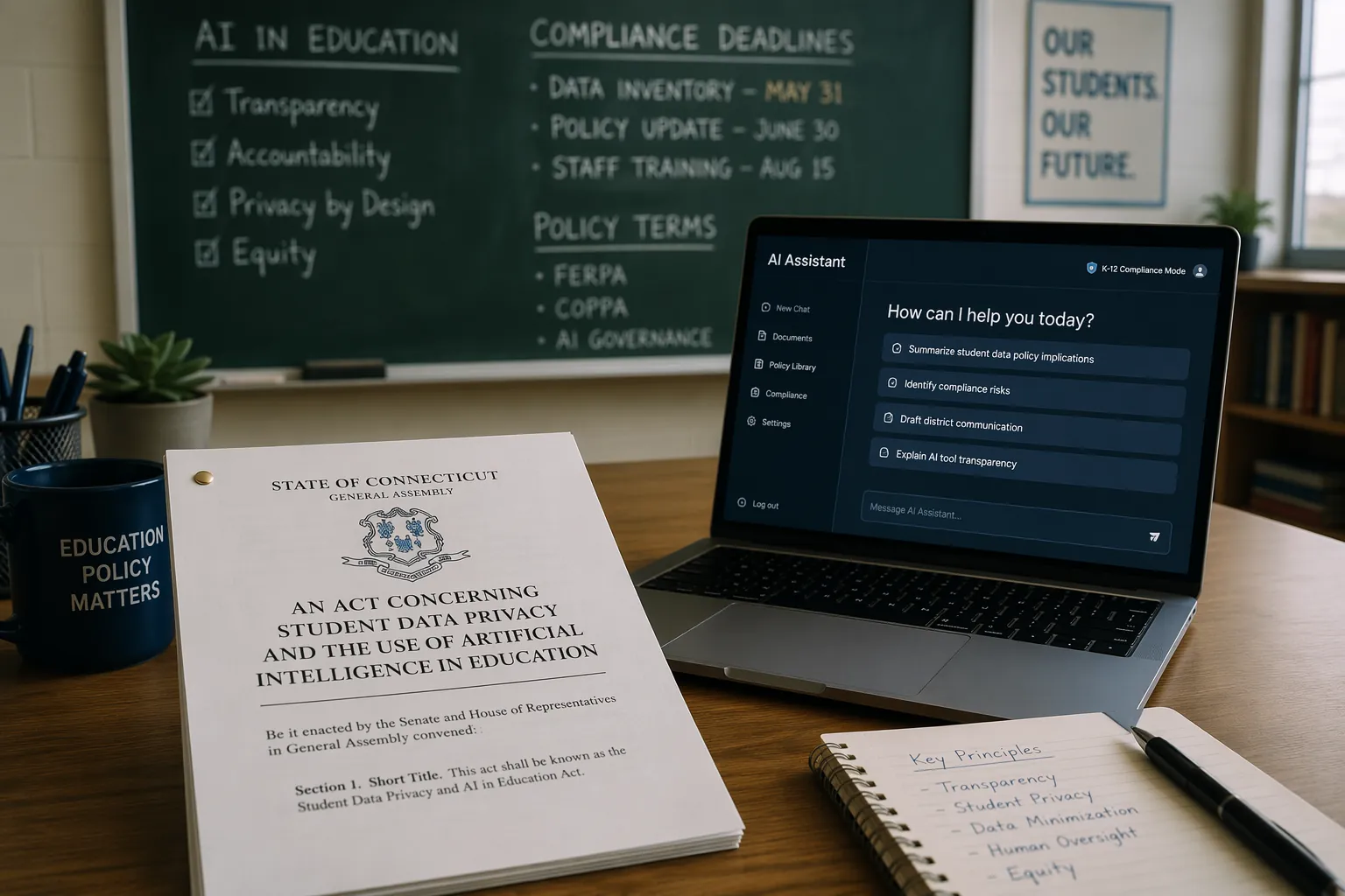 A classroom desk with a state legal document beside a laptop showing an AI interface and deadline notes on a chalkboard