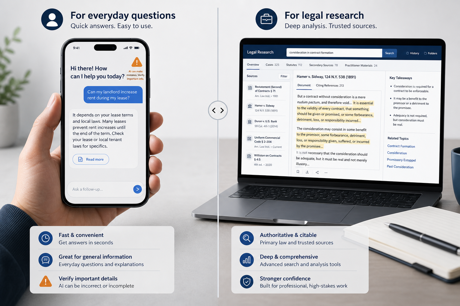 Split editorial scene: on the left, a consumer hand holding a smartphone showing a friendly chatbot interface with a subtle warning icon; on the right, a laptop on a desk displaying a legal research interface with source citations and document highlights.