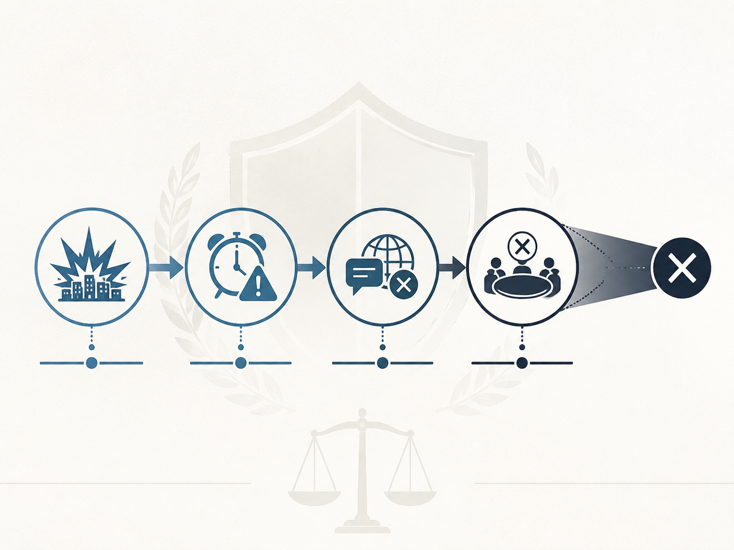 Legal framework diagram showing Article 51 self-defense checkpoints narrowing from left to right