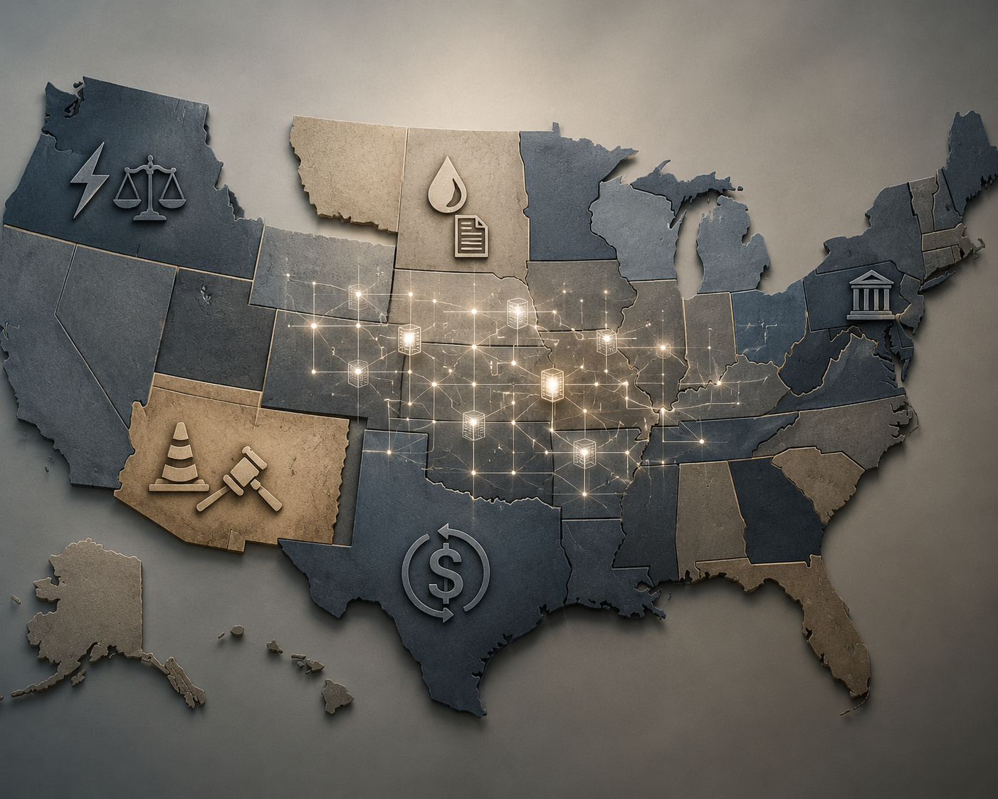 Fragmented U.S. map with regulatory symbols for electricity, water, construction pauses, and tax rollbacks over data center infrastructure