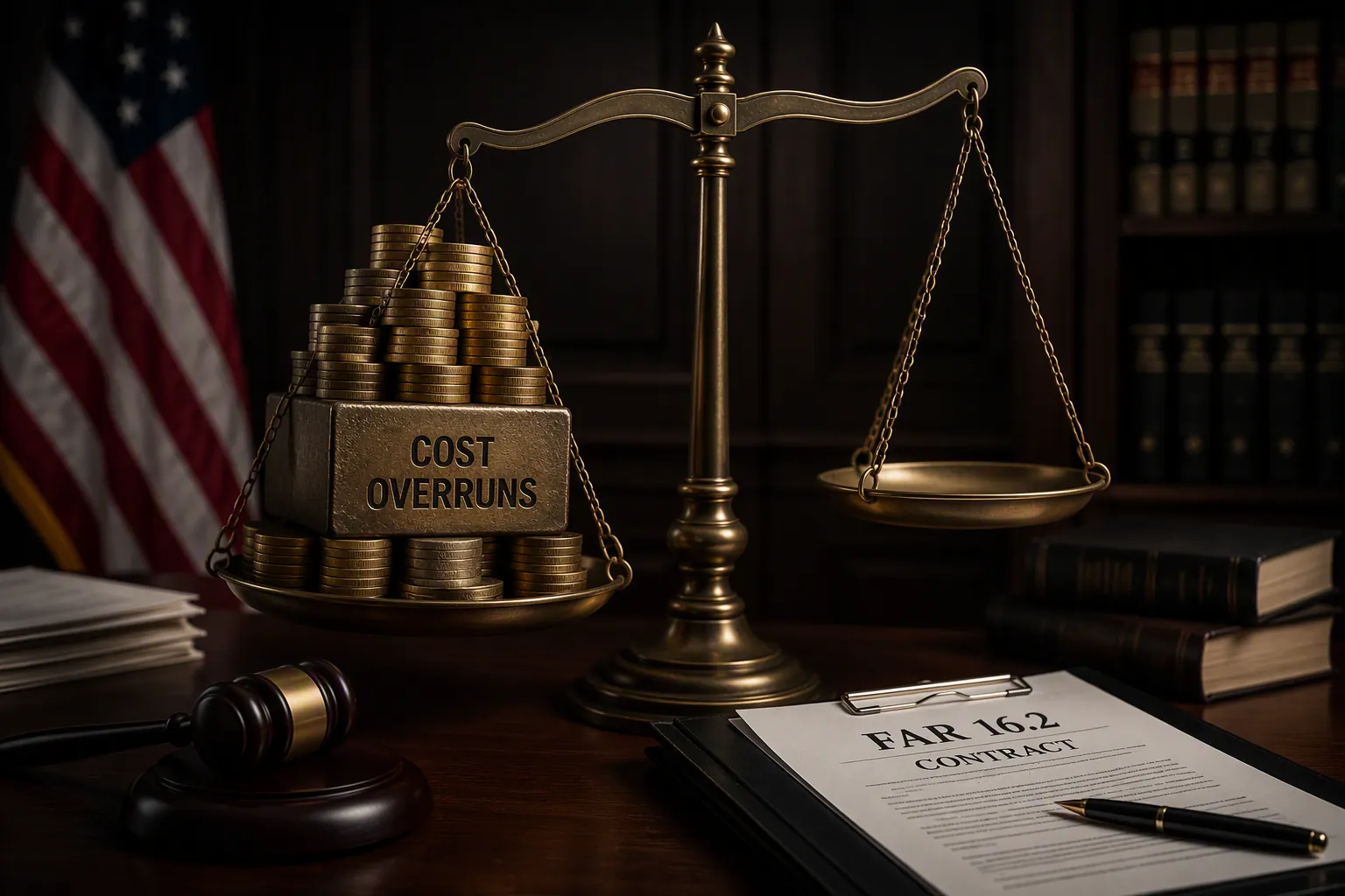 Unbalanced legal scale showing cost overruns weighing down one side beside a contract and gavel