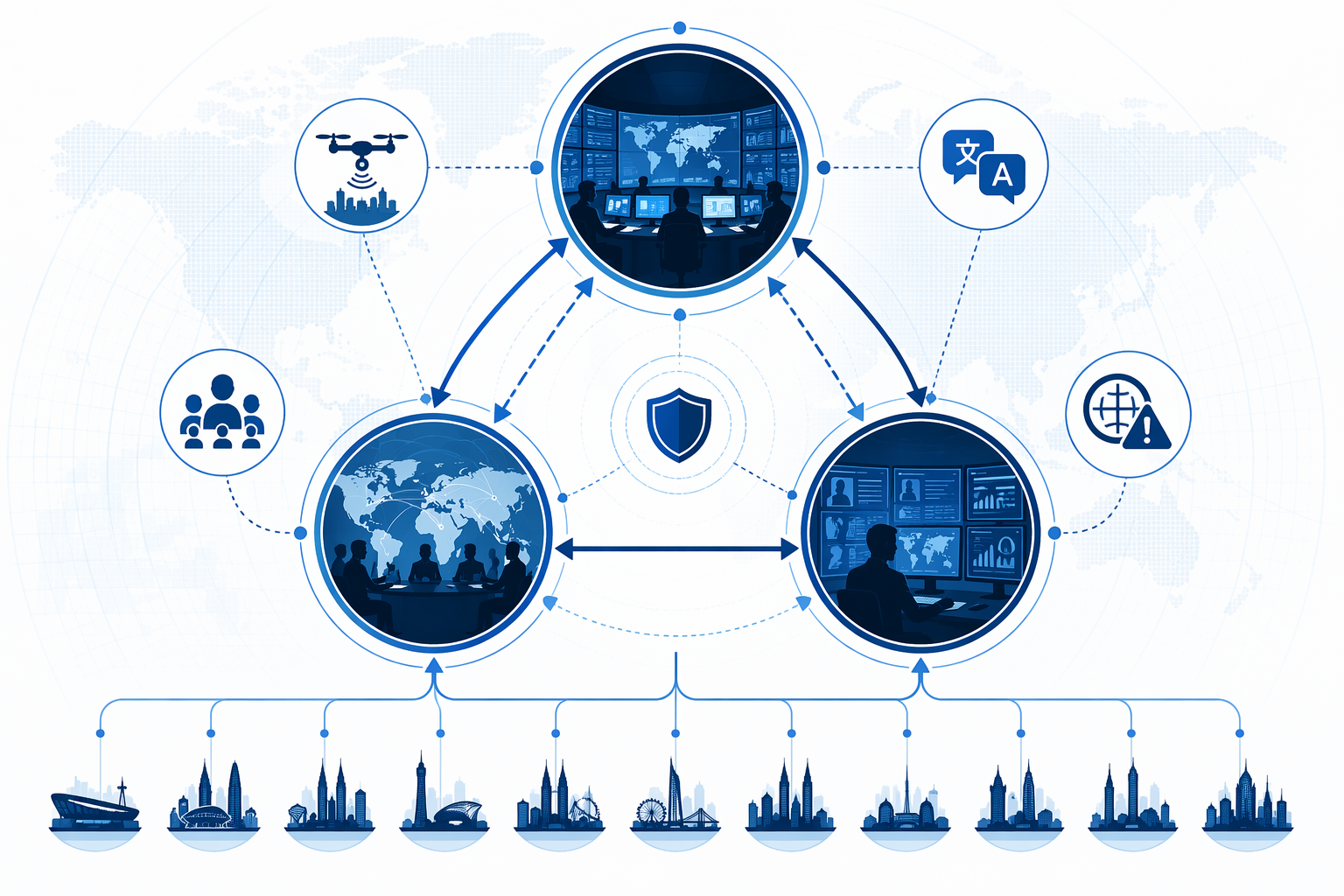 Diagram of the Joint Operations Center, International Police Cooperation Center, and Intelligence Coordination Center connected across host cities