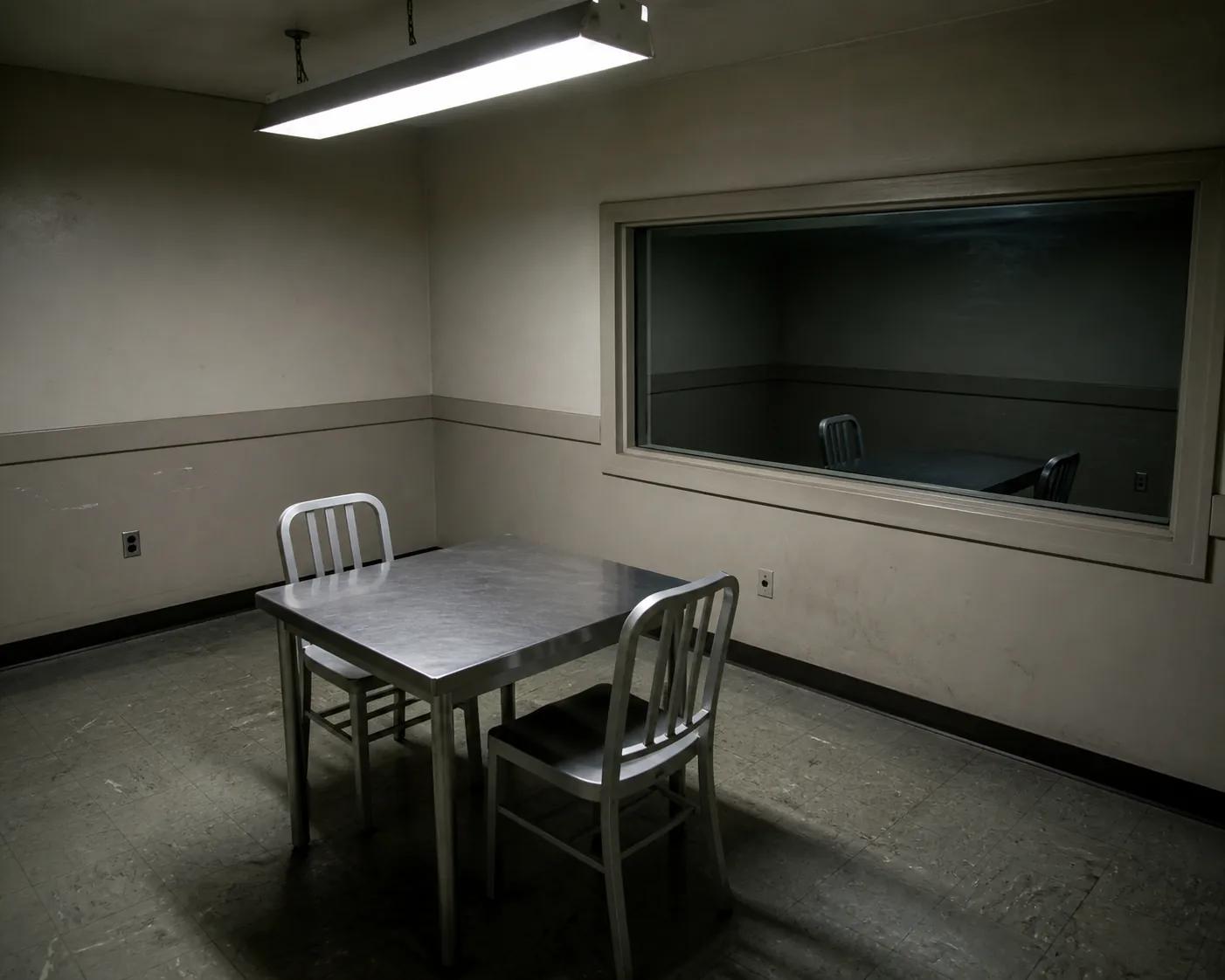 Empty police interrogation room with a metal table and two chairs