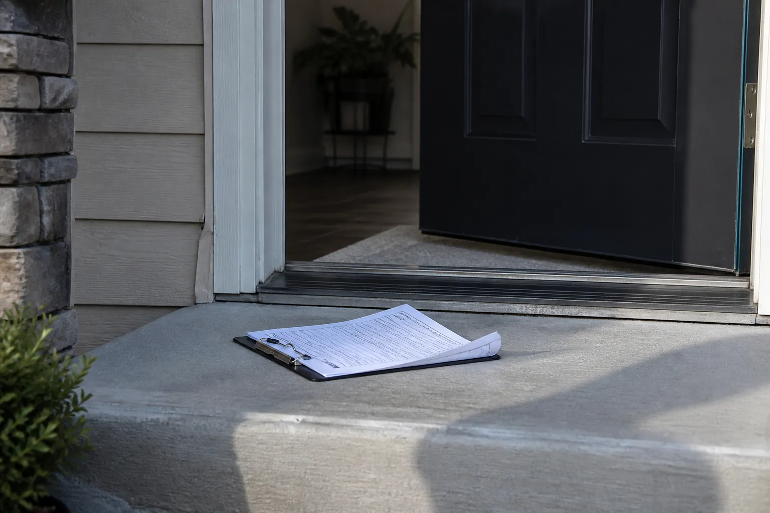 Residential doorway with an official-looking document on a clipboard at the threshold
