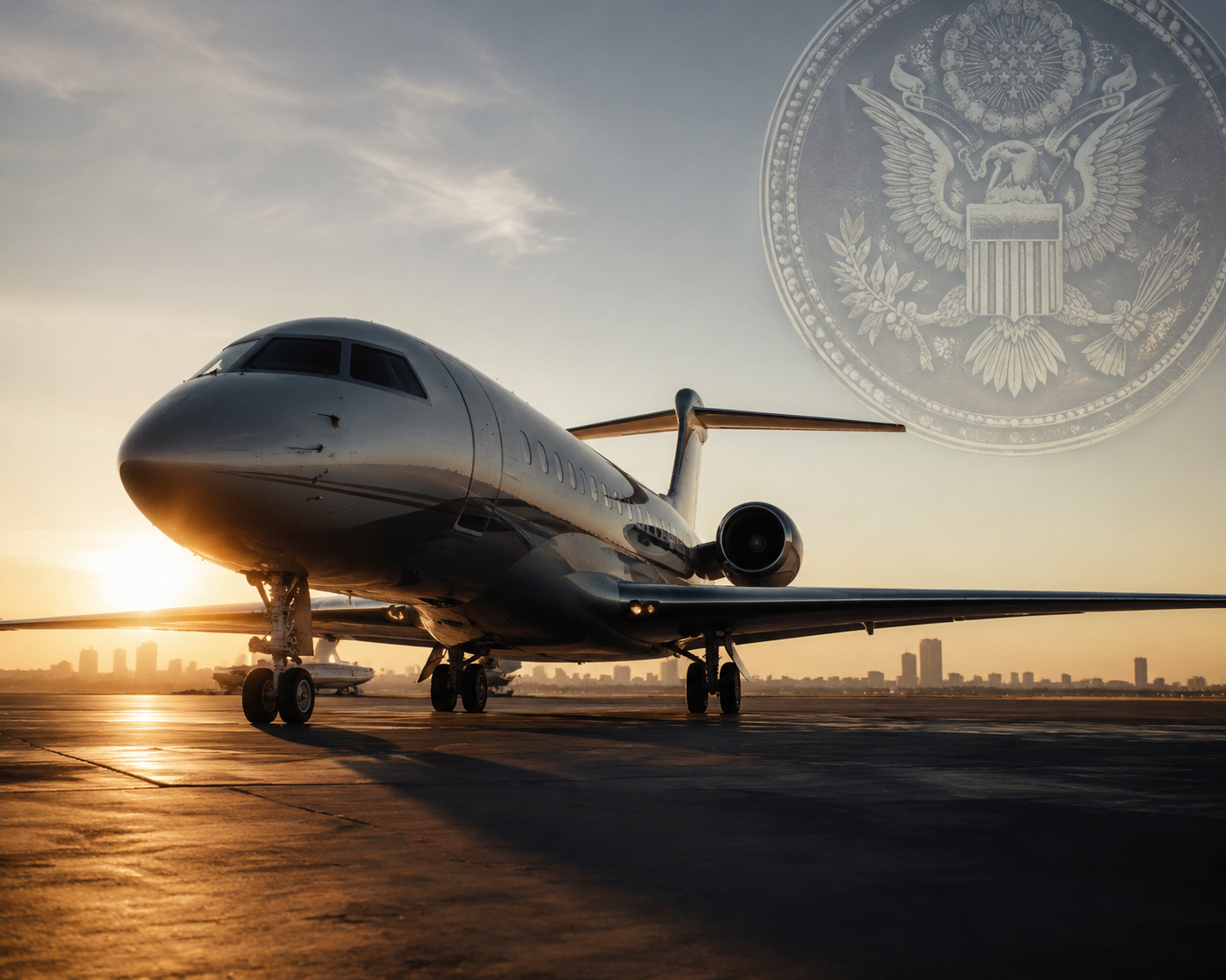 Commercial jet silhouette on a tarmac at dawn with a government document seal overlay