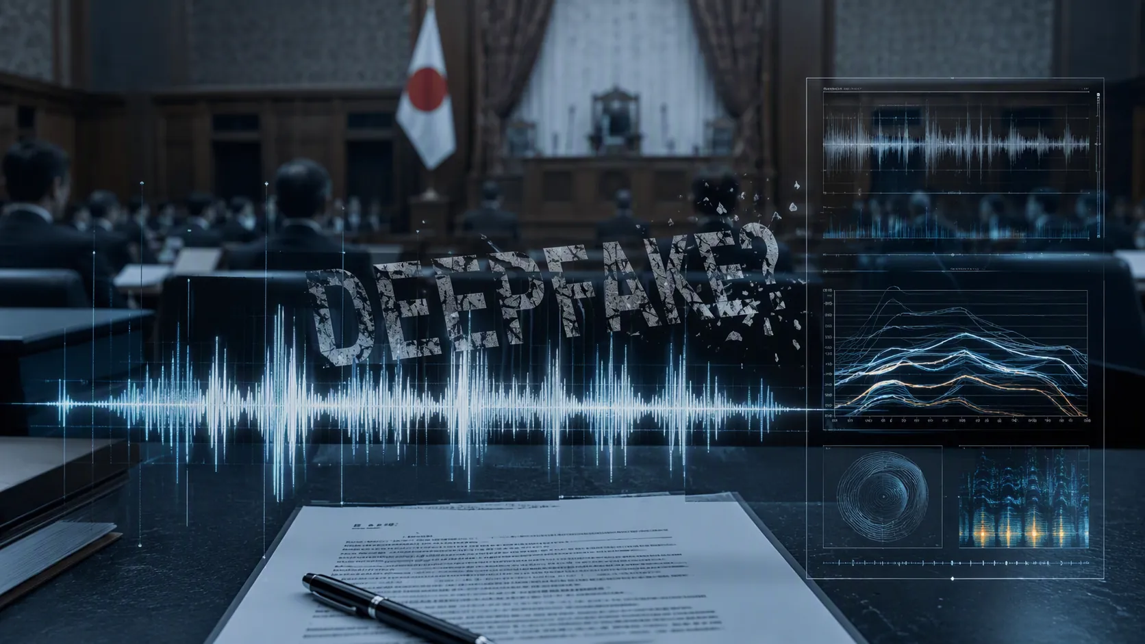 Government assembly chamber with an audio waveform, forensic voiceprint lines, and a cracked deepfake label