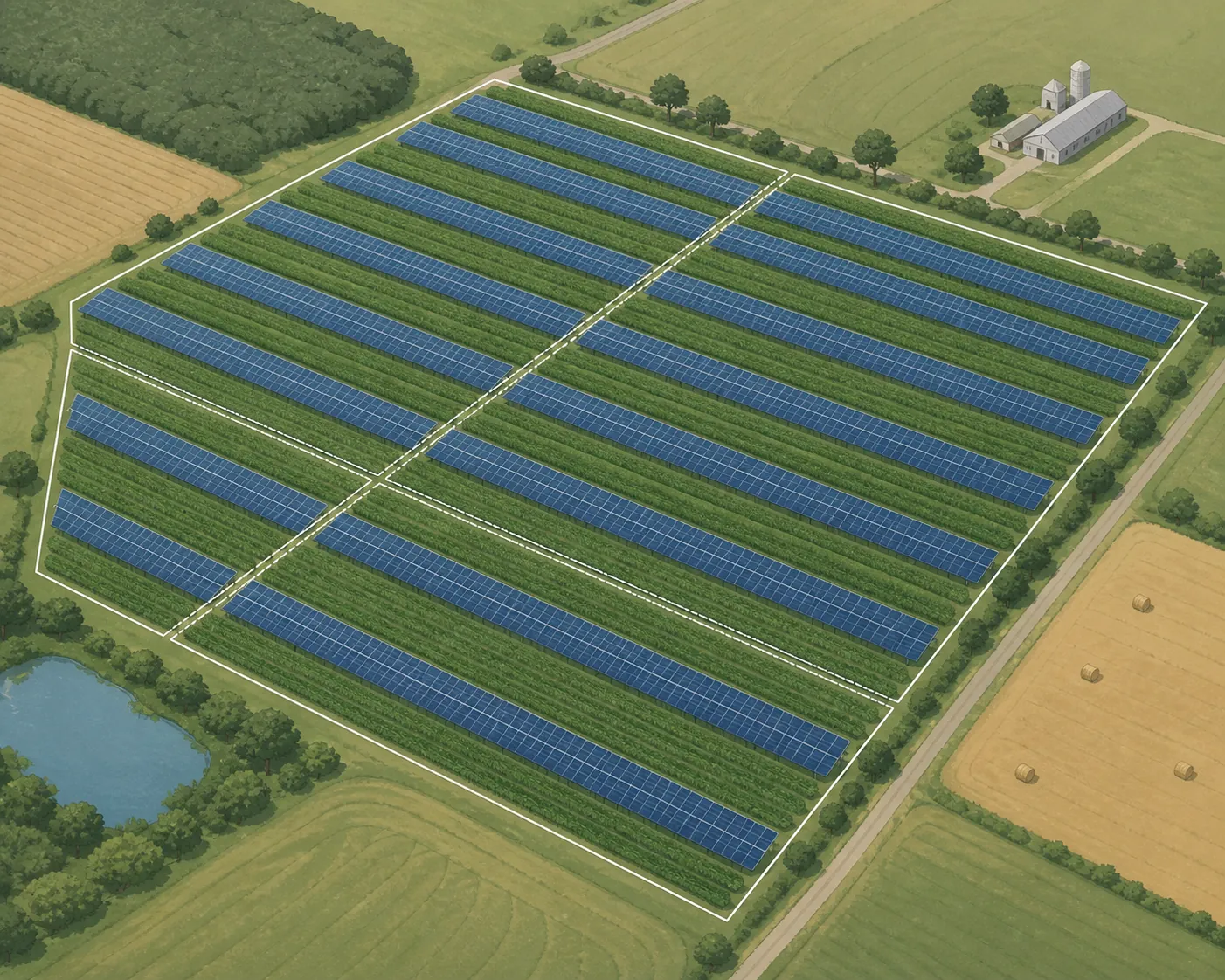 Farmland parcel with alternating crop rows and solar panel rows overlaid by parcel boundaries and zoning lines