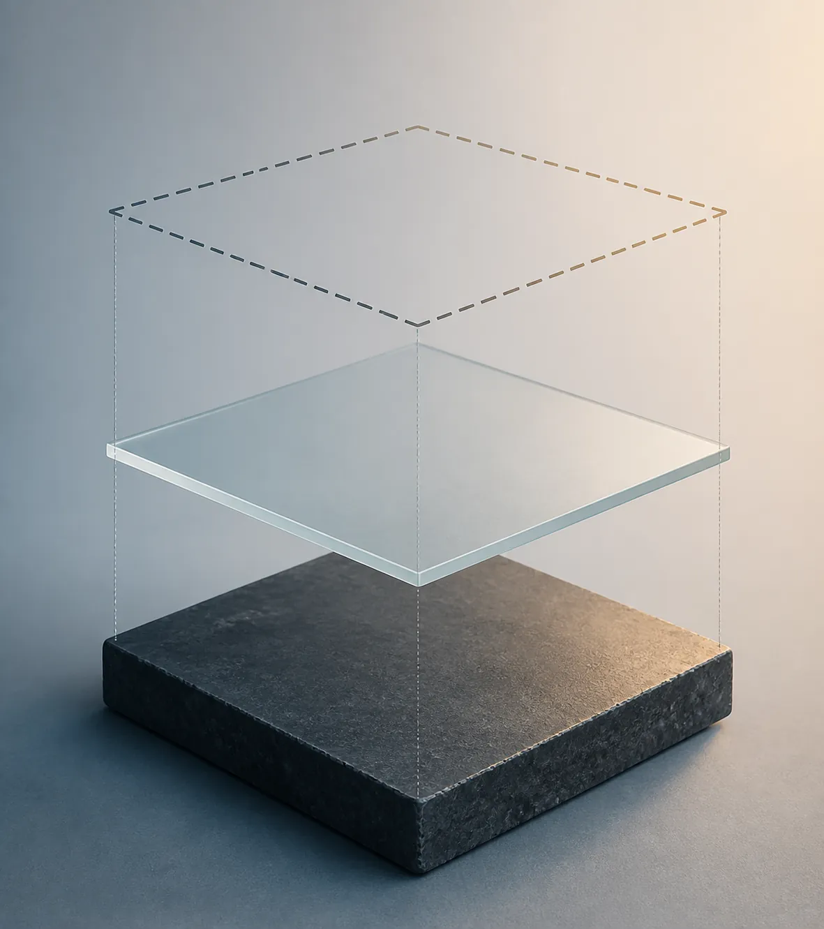 Three-tier authority hierarchy shown as stone, frosted glass, and a dashed outline