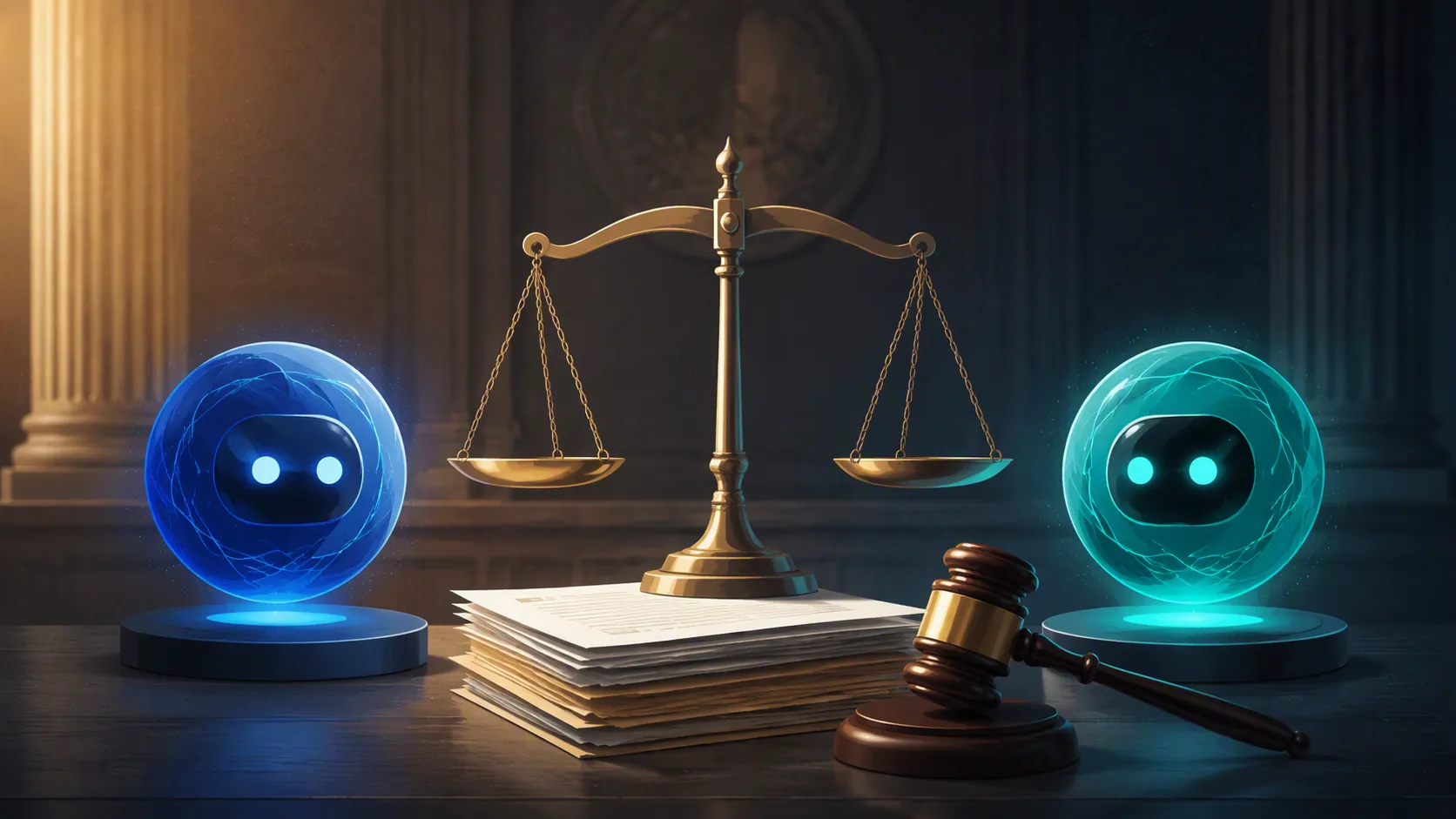 Two abstract AI assistant orbs balanced on a scale above legal documents and a gavel