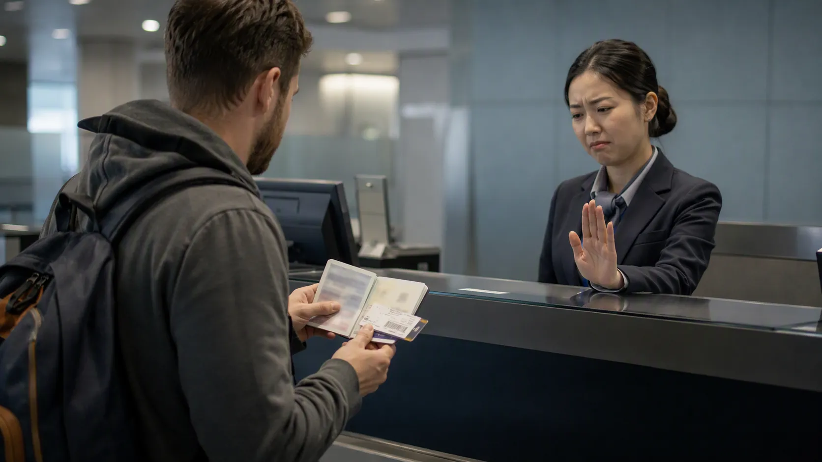 Traveler at an airport check-in counter holding a U.S. passport and boarding pass while boarding is denied