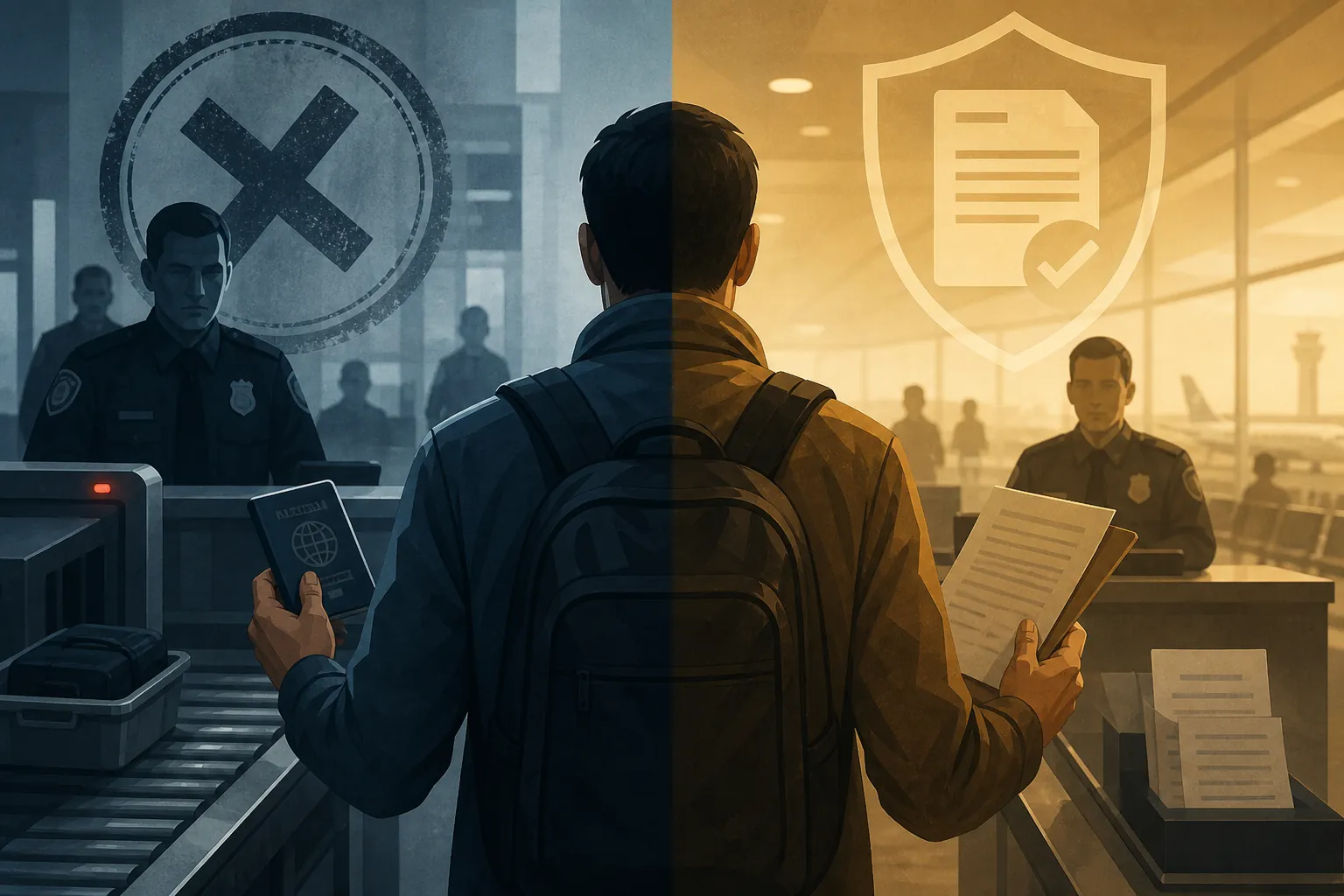 Traveler at an airport checkpoint holding passport and documents, with split imagery suggesting contested immigration status classification