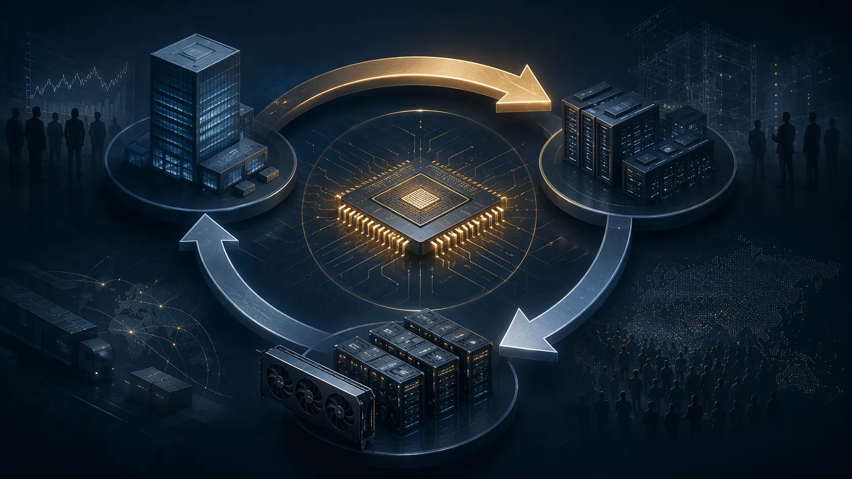 Conceptual circular financing loop connecting equity investment, GPU supply, and demand backstops around a central GPU symbol