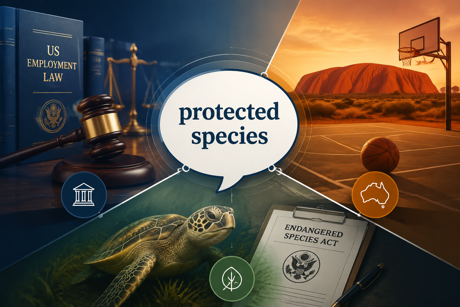 Speech bubble reading protected species connected to employment law, Australian sports slang, and endangered species law
