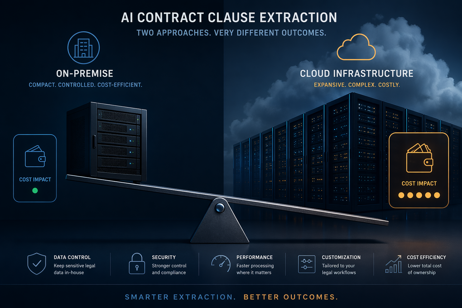 Comparison of compact on-premise servers with lower cost against large cloud infrastructure with higher cost