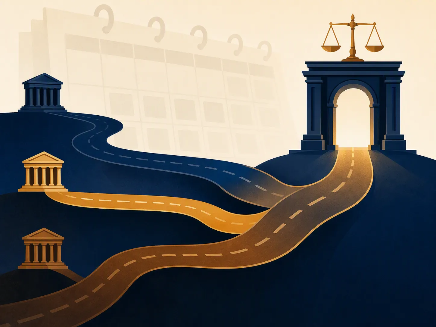 Three courthouse roads converging toward a single gate with balanced scales