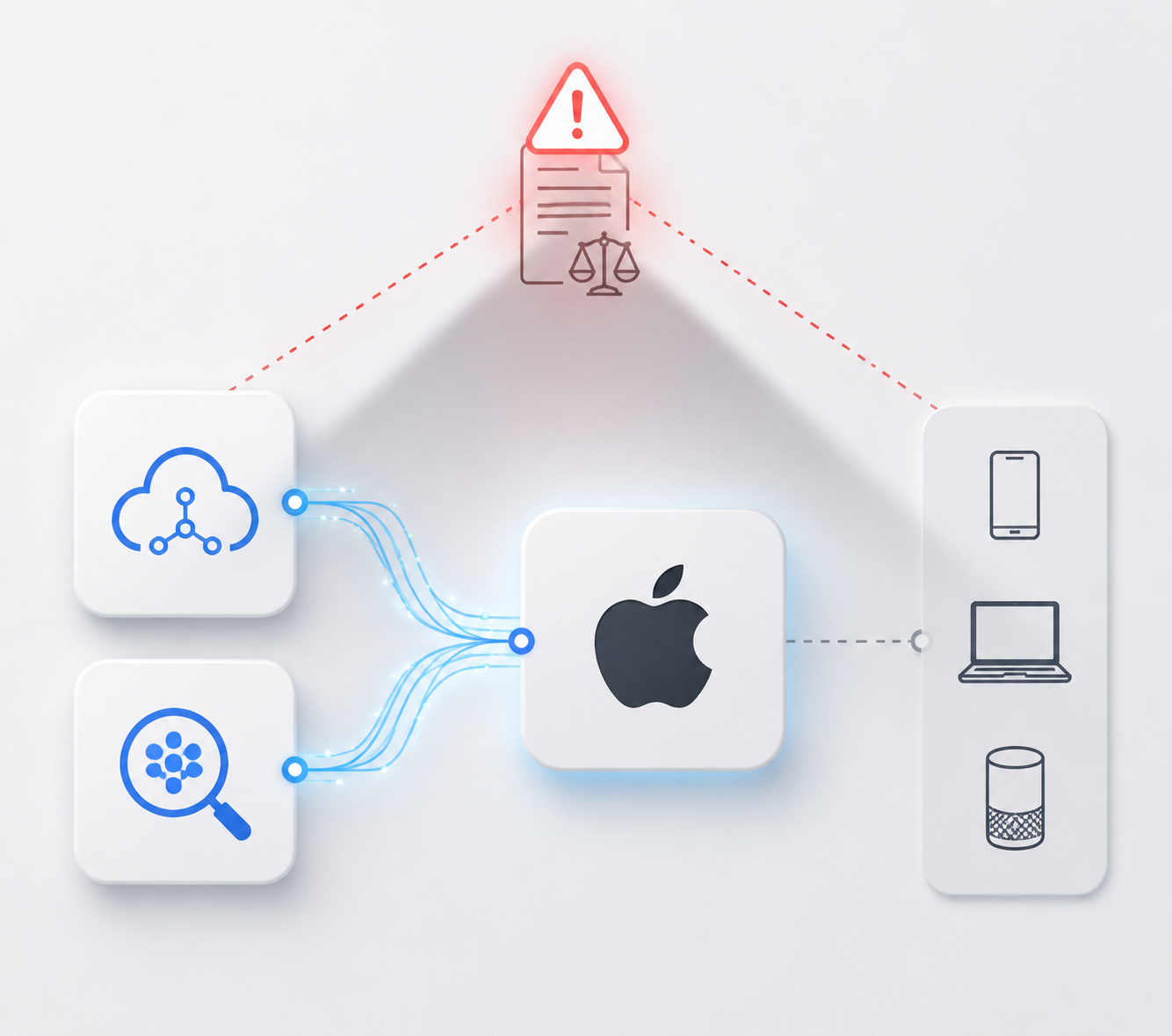 Compliance diagram showing Apple data flows branching to Alibaba Qwen and Baidu visual search with a US sanctions warning shadow over the connections