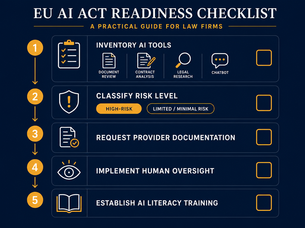 Vertical step-by-step compliance checklist infographic with five checkbox items: inventory AI tools, classify risk level, request provider documentation, implement human oversight, and establish AI literacy training.