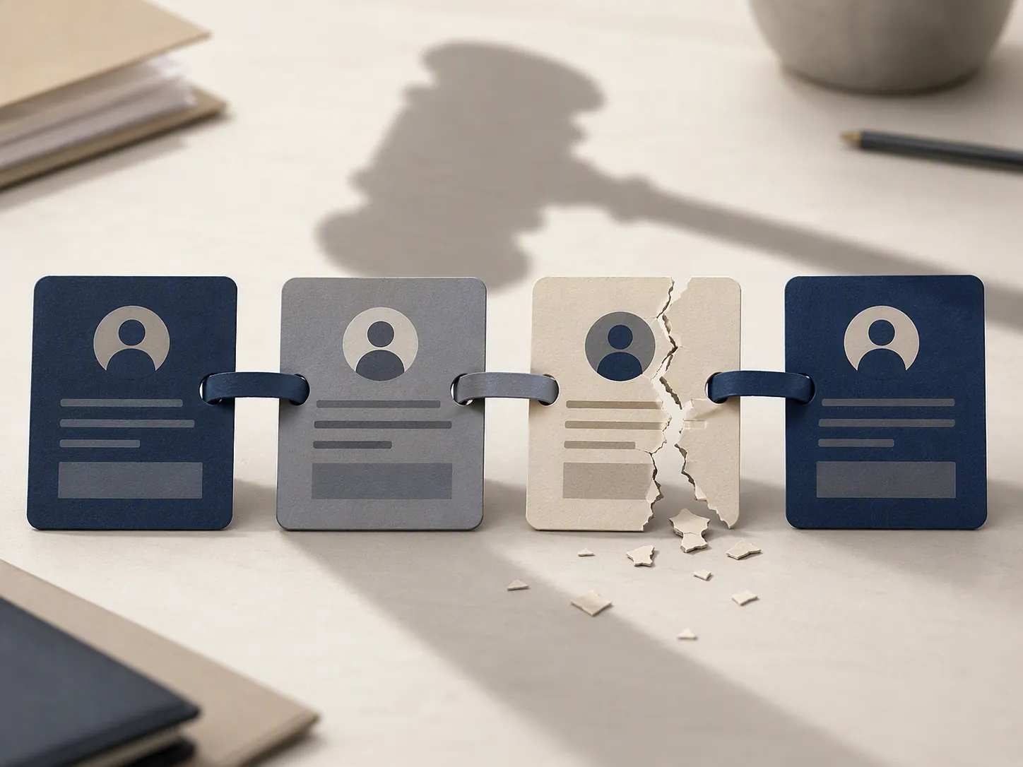 Paper-chain of linked document cards with one cracked link under a gavel shadow