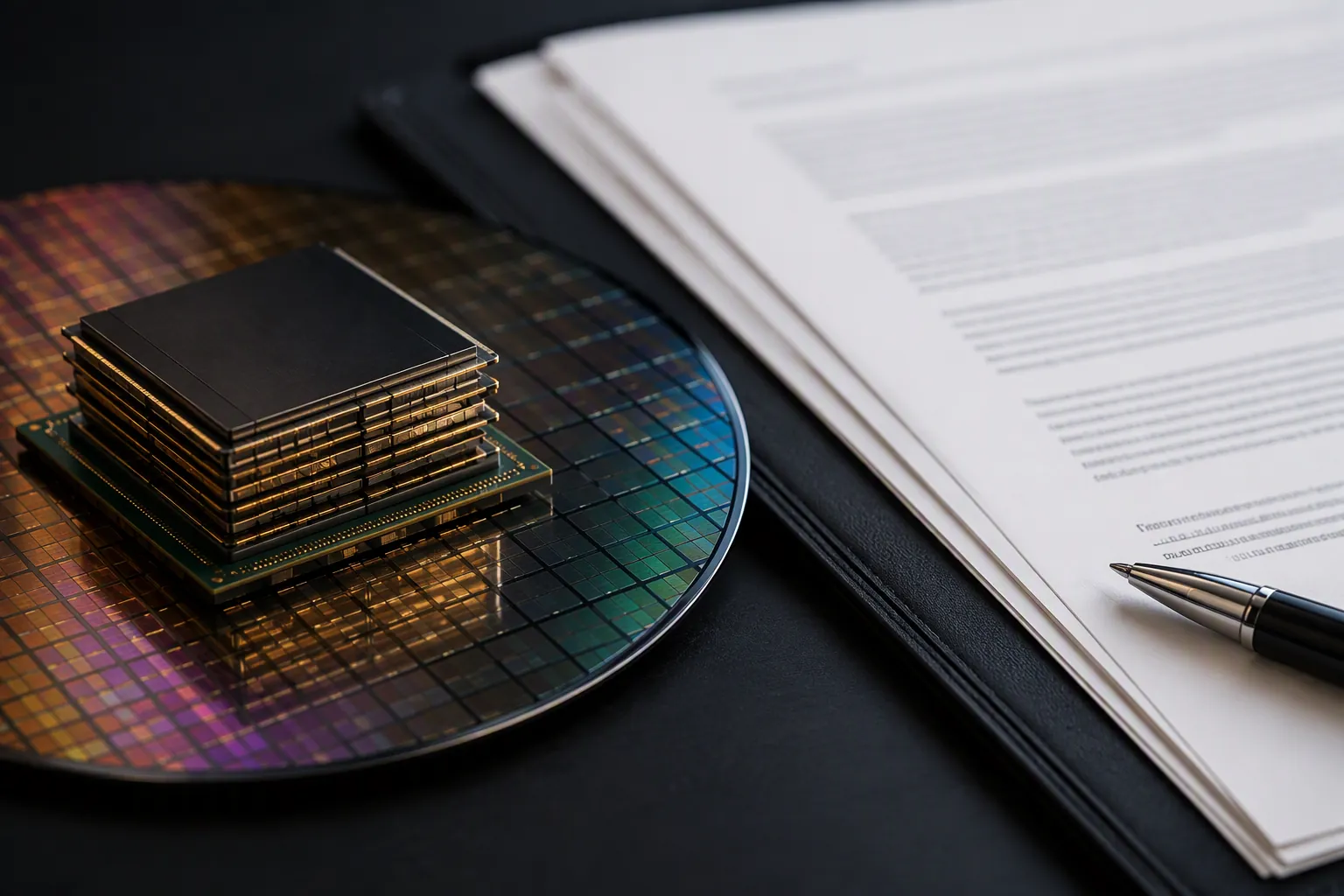 Semiconductor wafer and stacked memory beside a professional legal document