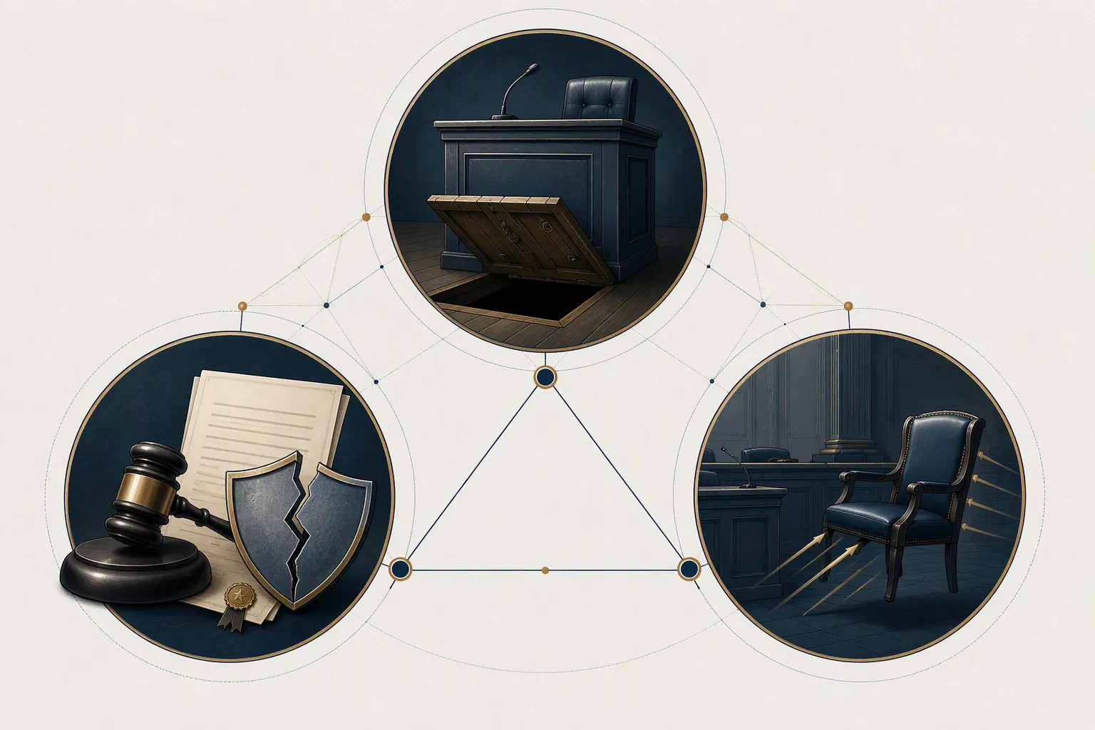 Editorial illustration of interconnected legal risk nodes involving a pardon, witness stand, and removed counsel chair