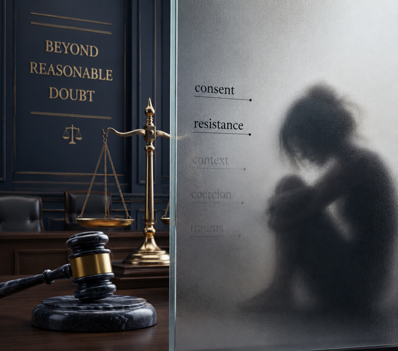 Courtroom symbols divided from a shadowed figure behind frosted glass, showing the gap between formal legal standards and trauma responses