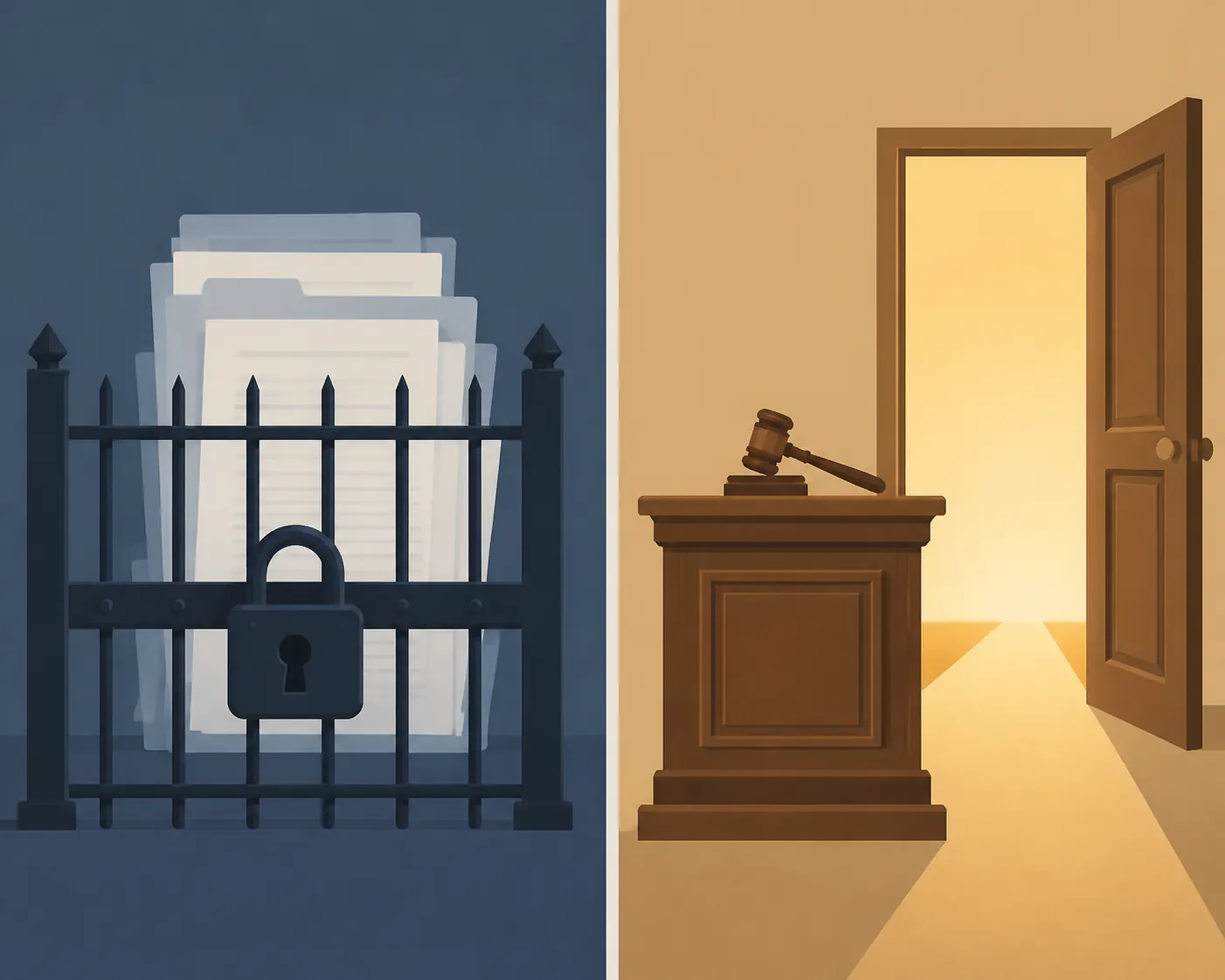 Docket documents behind a locked gate contrasted with a legislative rostrum and open doorway