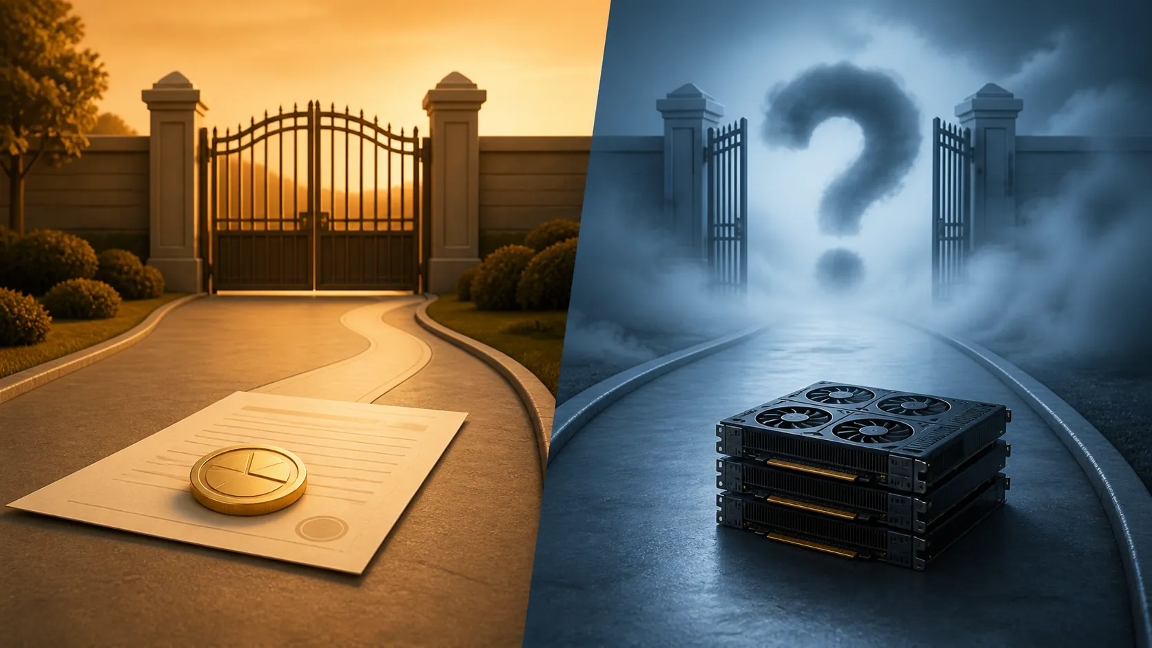 Split illustration contrasting a small equity token reaching a closed institutional gate with GPU chips approaching an unresolved open gate