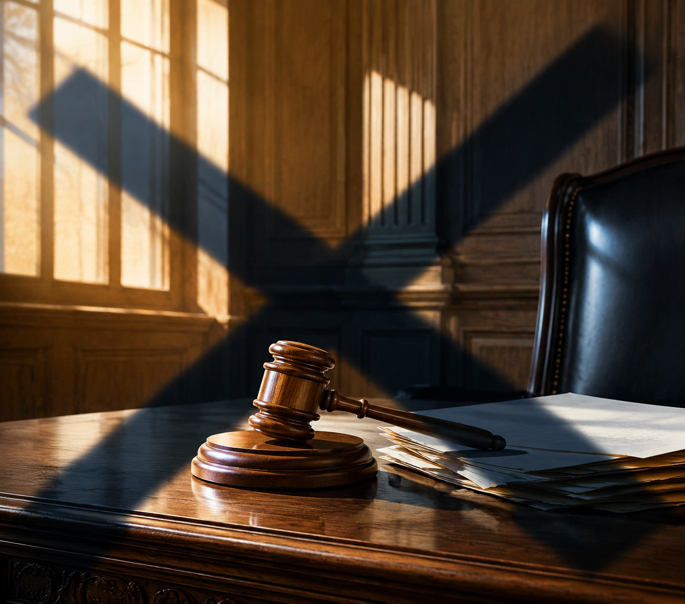 Courtroom gavel and legal papers under a shadow shaped like a cancel mark