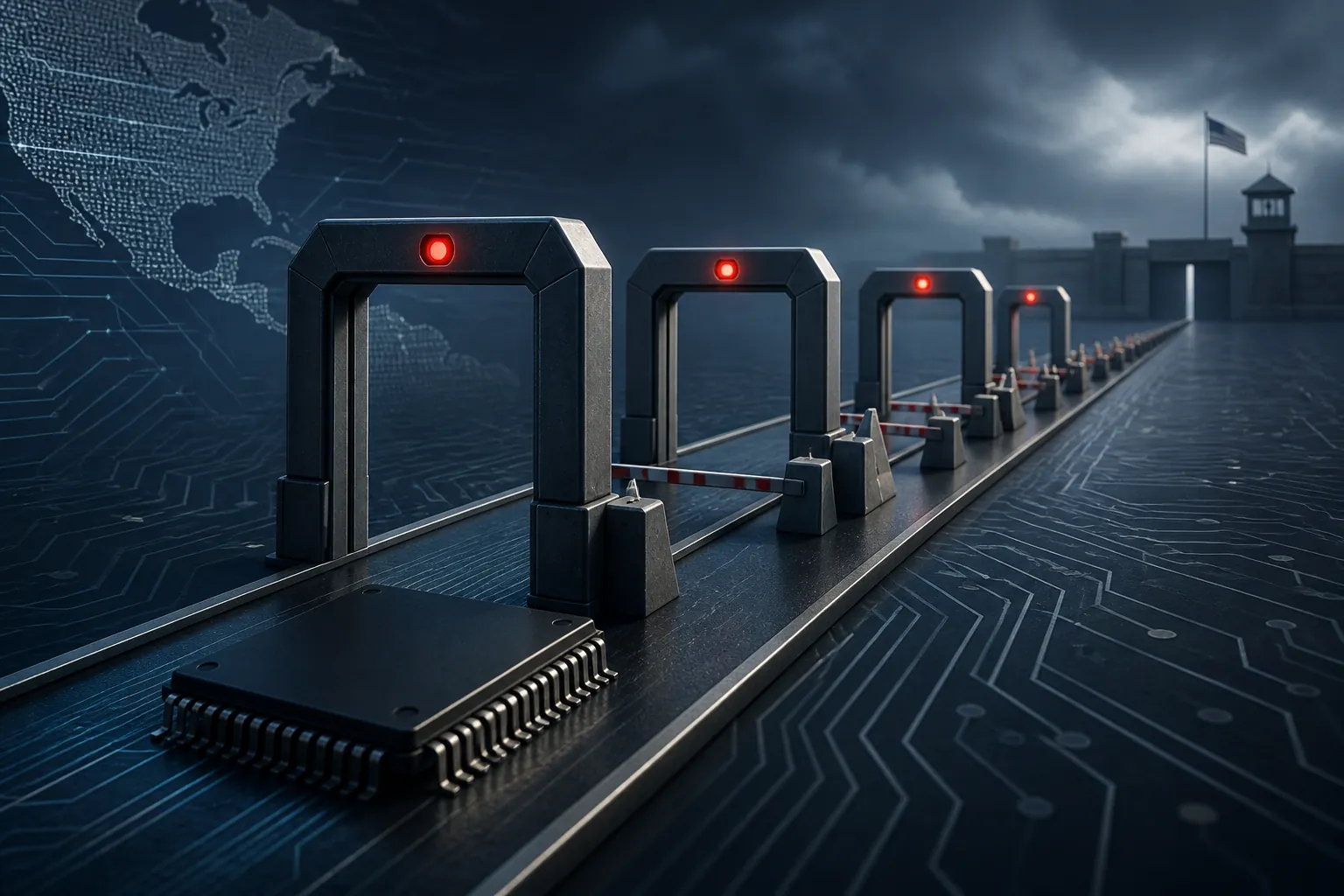 Dark semiconductor chip approaching controlled border checkpoints