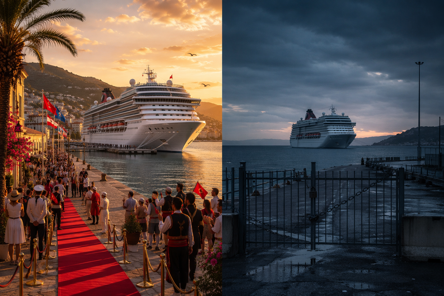 A split illustration comparing a cruise ship welcomed at one port and excluded from another closed port